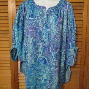 Jennifer Lopez top flowy & feminine silky look blues, blousy sleeves size XL